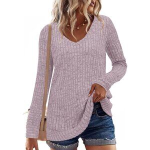 Misfay Women  Light Pink Casual Long Sleeve V Neck Shirts Solid Color Sweaters
